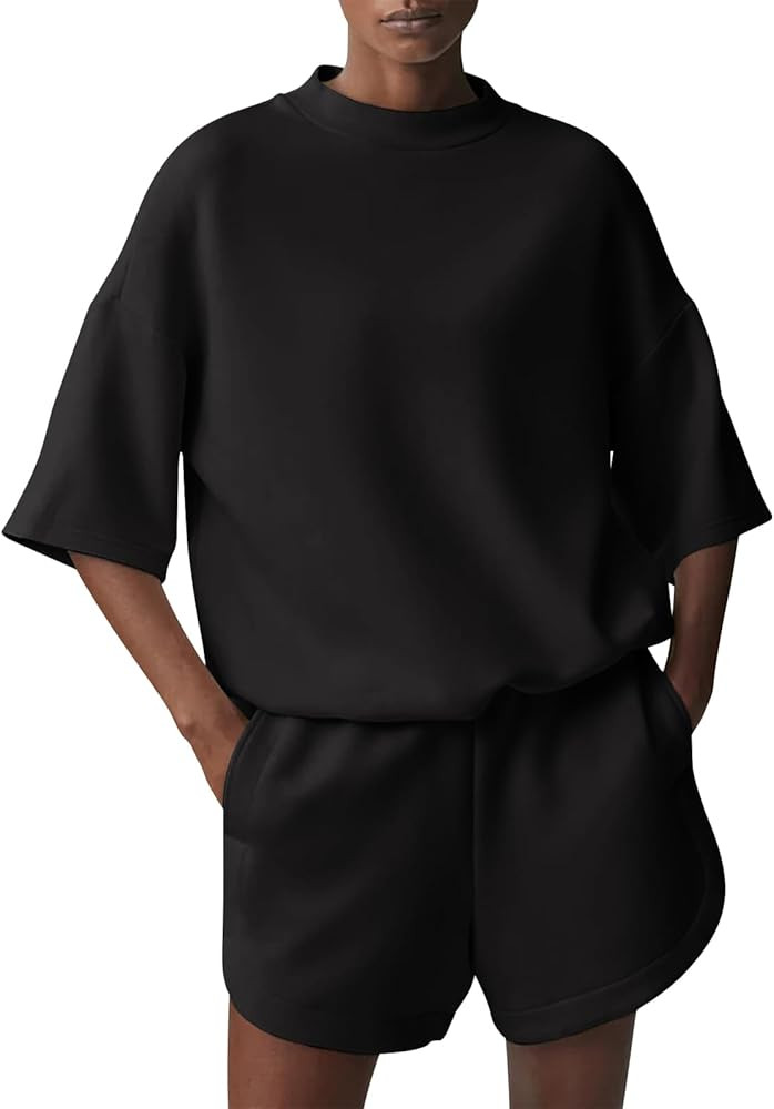 Fisoew Women's 2 Piece Outfits Short Sleeve Tops and High Waisted Shorts Sets with Pockets | Amazon (US)