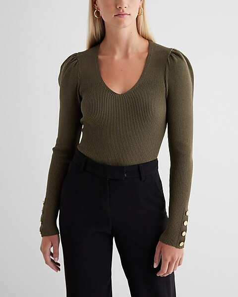 Fitted Ribbed Puff Sleeve Novetly Button Sweater | Express