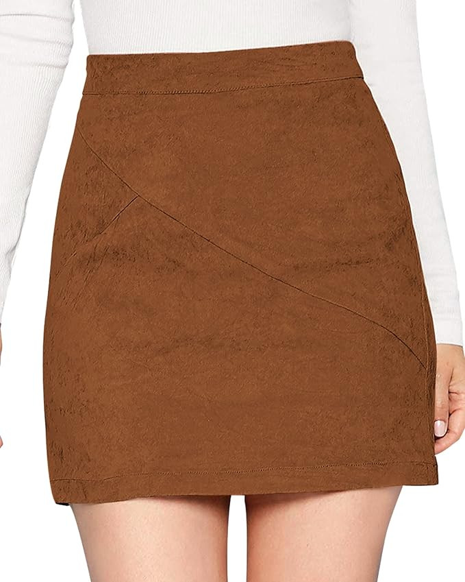 MANGOPOP Women's Basic Faux Suede High Waist A-line Mini Pencil Bodycon Skirt (A Brown, Small) at... | Amazon (US)
