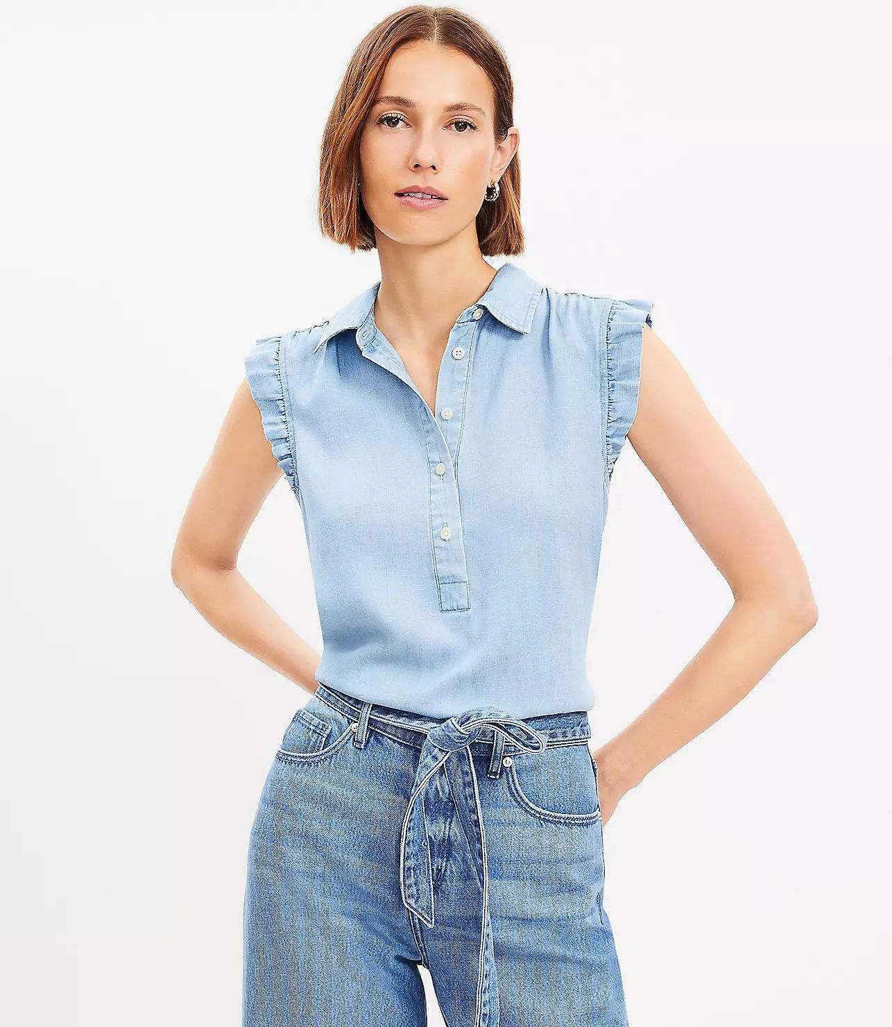 Chambray Collared Ruffle Henley Top | LOFT