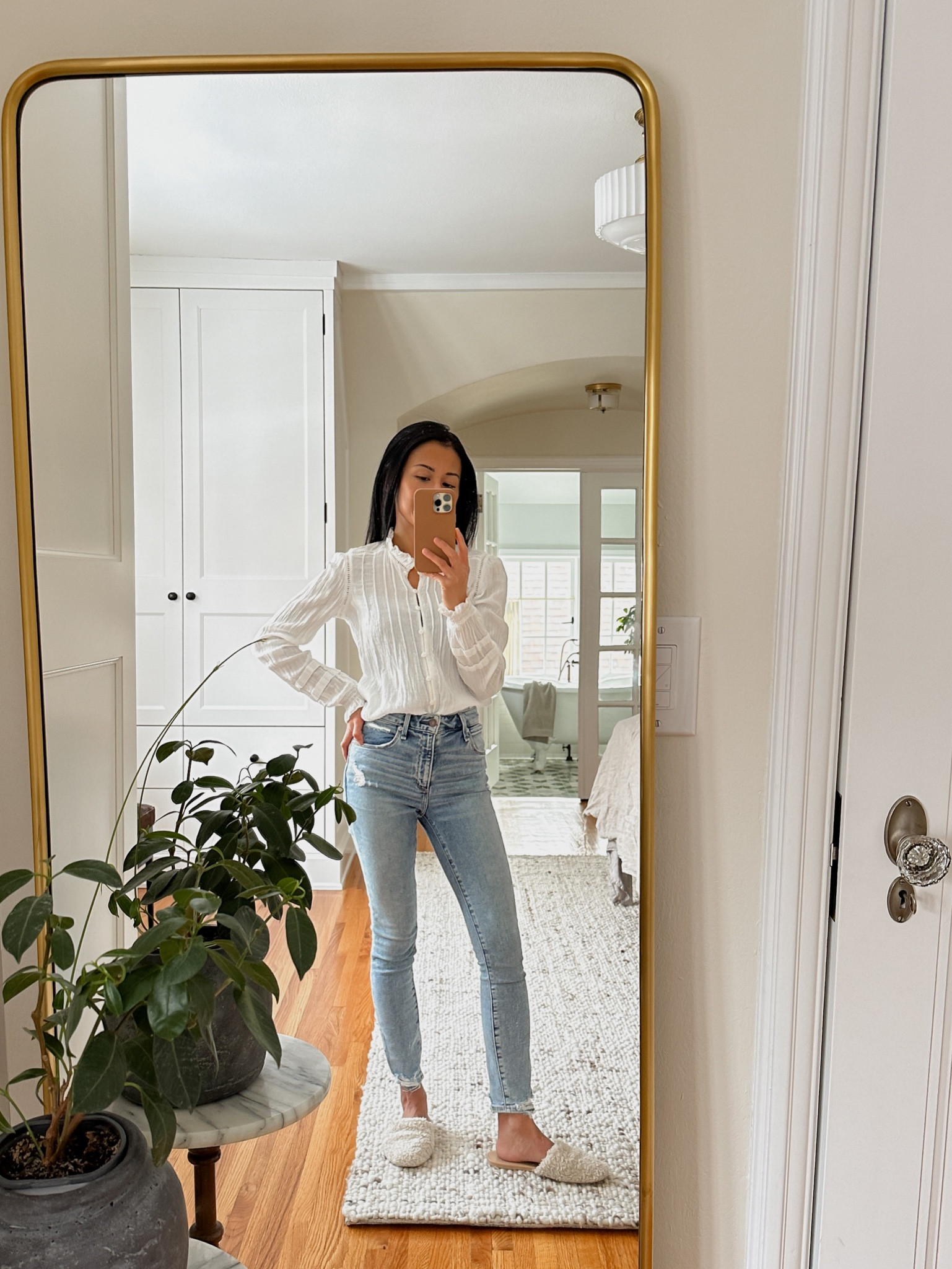 ootd. love this blouse top. comfy but looks like i put in some effort 😉. save this post and keep an out for my code with Faherty this week. 

#blouse #jeans 

#LTKFind #LTKsalealert
