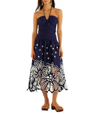 Farm Rio Navy Blue Embroidered Richelieu Halter Sleeveless Floral Cutout Midi Dress | Dillard's | Dillard's