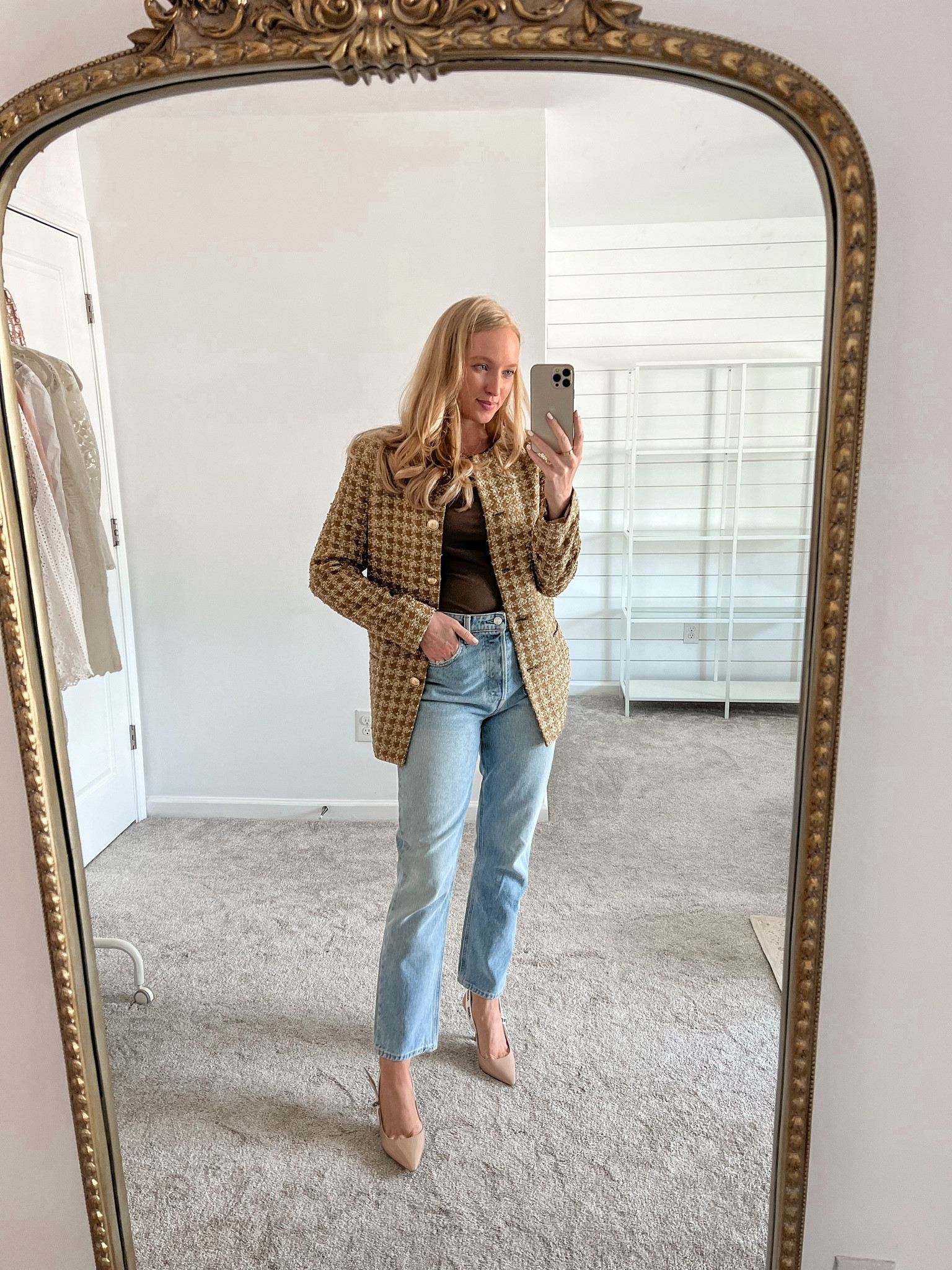 Gold tweed jacket (small) styled with a faux leather bodysuit (medium). Finish the look with straight leg jeans for a fun happy hour look. 

#LTKstyletip #LTKSeasonal