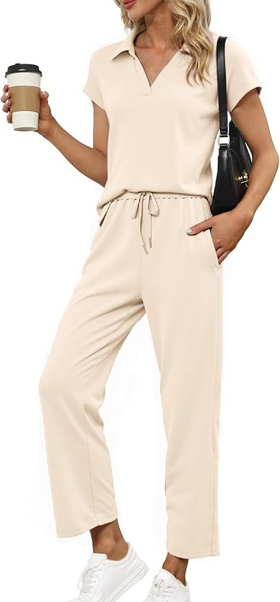 Glamaker Womens 2 Piece Summer Outfit Lounge Set Cap Sleeve Polo Top And Pant Set Tracksuit Trave... | Amazon (US)
