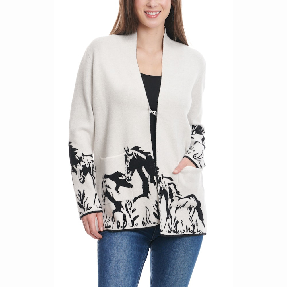 Venario Women's White Sand & Black Wild Horses Print Long Sleeve Soft Cardigan | Cavender's