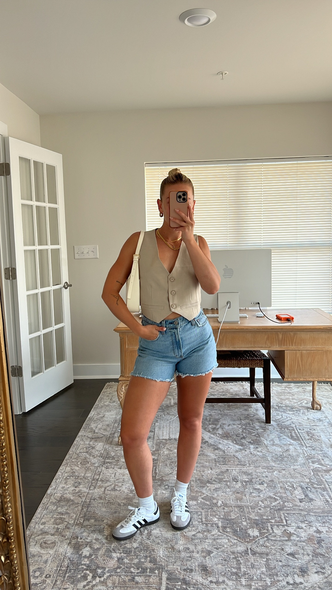 Vest, linen vest, abercrombie style, abercrombie shorts, abercrombie jean shorts, denim shorts, jean shorts, dad shorts, Adidas samba sneakers, Adidas samba outfits, summer fashion, summer outfits 2023, summer fashion trends