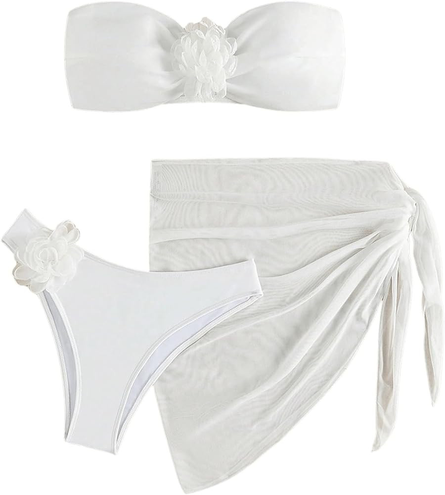 SOLY HUX Women's 3 Piece Swimsuit Floral Appliques Bandeau Bikini Sets Bathing Suit with Beach Sk... | Amazon (US)