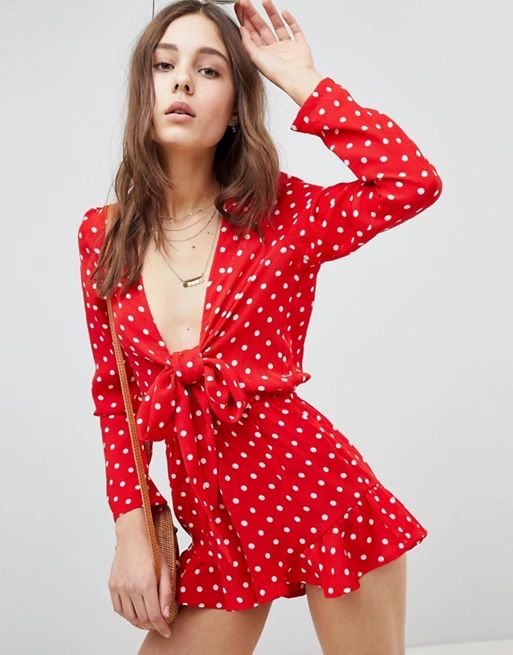 Glamorous Romper With Frill Shorts And Bow Front In Polka Dot | ASOS US