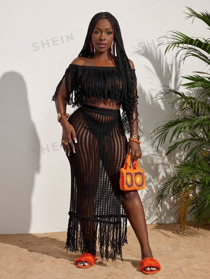 SHEIN Slayr Women's Vacation Style Fringe Decorated Knitted Hollow Out Top And Fringe Hem Knitted... | SHEIN