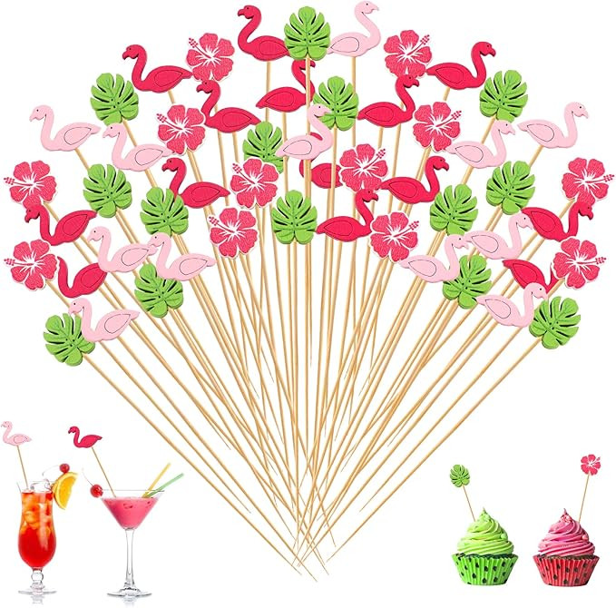Funtery Tropical Cocktail Picks Hawaiian Luau Assorted Bamboo Toothpicks Flamingo Palm Leaf Cockt... | Amazon (US)