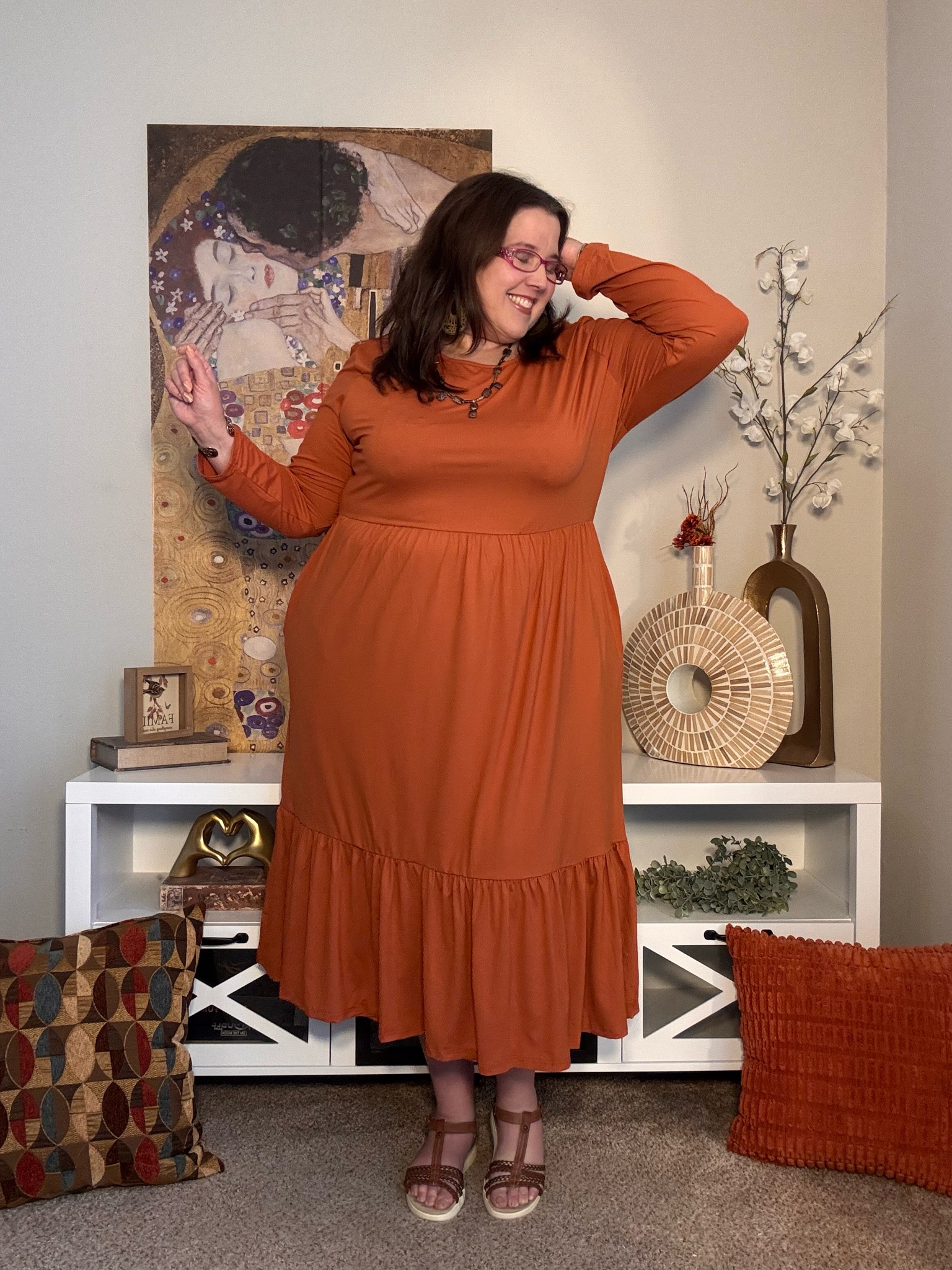 Let one beautiful fall color do all the work. 🍂 A warm rust-colored dress makes an effortless seasonal statement—just add neutral shoes and a simple necklace to complete the look. Cozy, feminine, and ready for fall! 🤎✨

#LTKSeasonal #LTKMidsize #LTKPlusSize