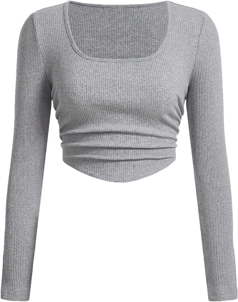 GORGLITTER Women's Long Sleeve Asymmetrical Crop Tops Square Neck Casual Ruched Ribbed Knit T Shi... | Amazon (US)