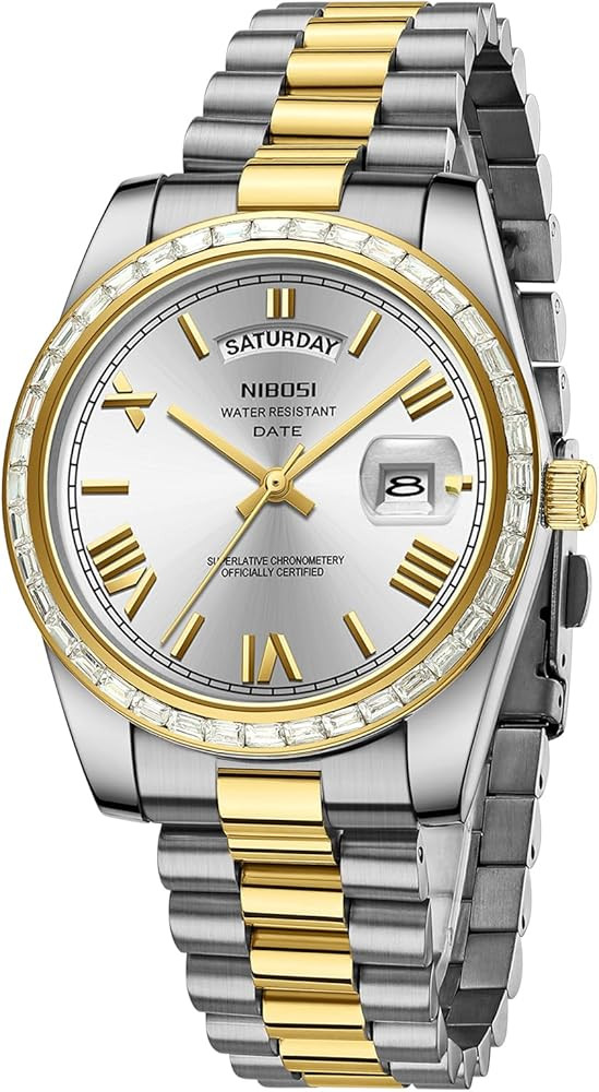NIBOSI Men's Watches Analog Quartz Diamond Bezel Stainless Steel Dial Rose Gold Silver Watches fo... | Amazon (US)