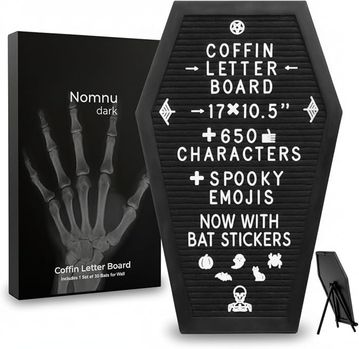 Coffin Letter Board Black +3D Bat Stickers +650 Characters, Spooky & Seasonal Emojis, Wooden Stan... | Amazon (US)