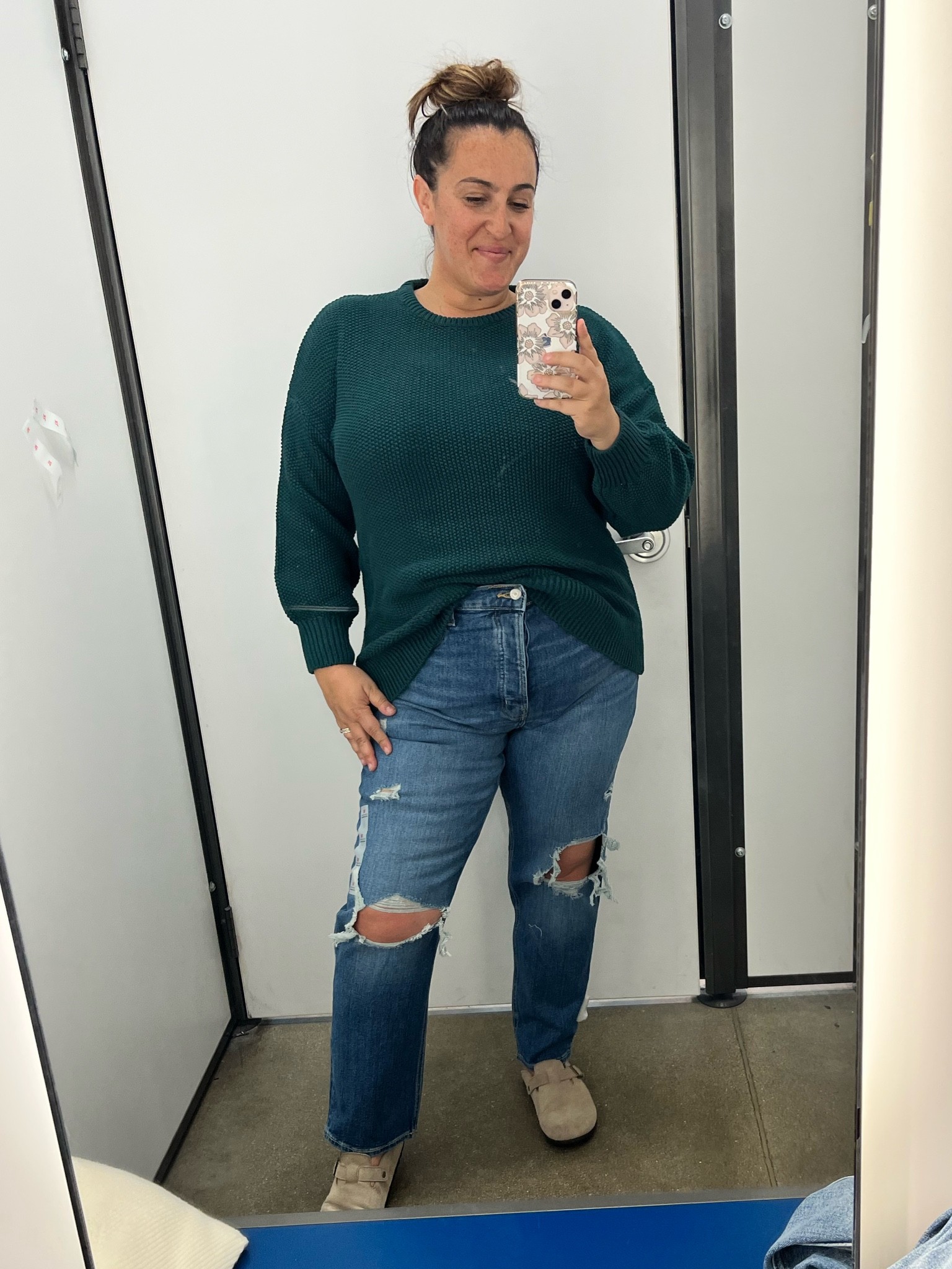 Old Navy Sky High Jeans I’m wearing my true size 14. There’s no stretch but love the fit. Crewneck textured sweater fits oversized. I’m in an XL.

#LTKstyletip #LTKunder50 #LTKcurves