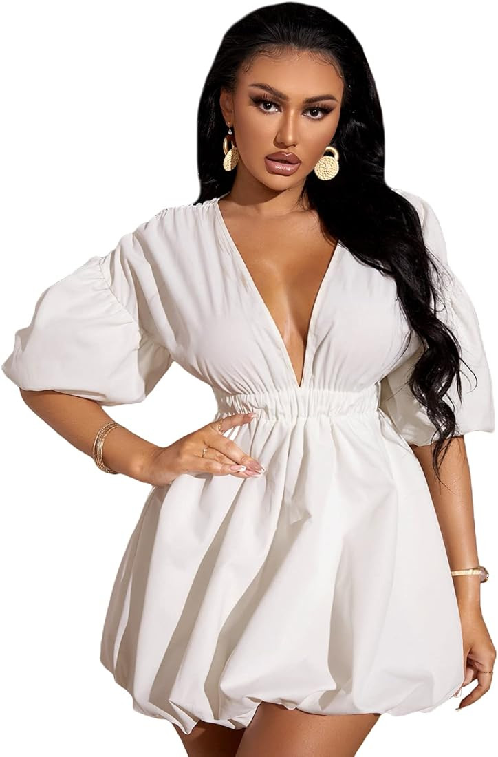 WDIRARA Women's Deep V Neck Puff Sleeve High Rise Flare Dress Elastic Waist Dress | Amazon (US)