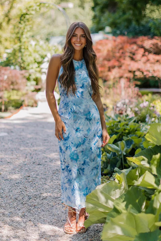 Neiva Blue and White Floral Backless Midi Dress | Lulus