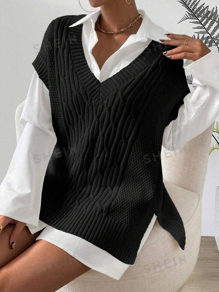 SHEIN Essnce Cable Knit Split Hem Sweater Vest | SHEIN
