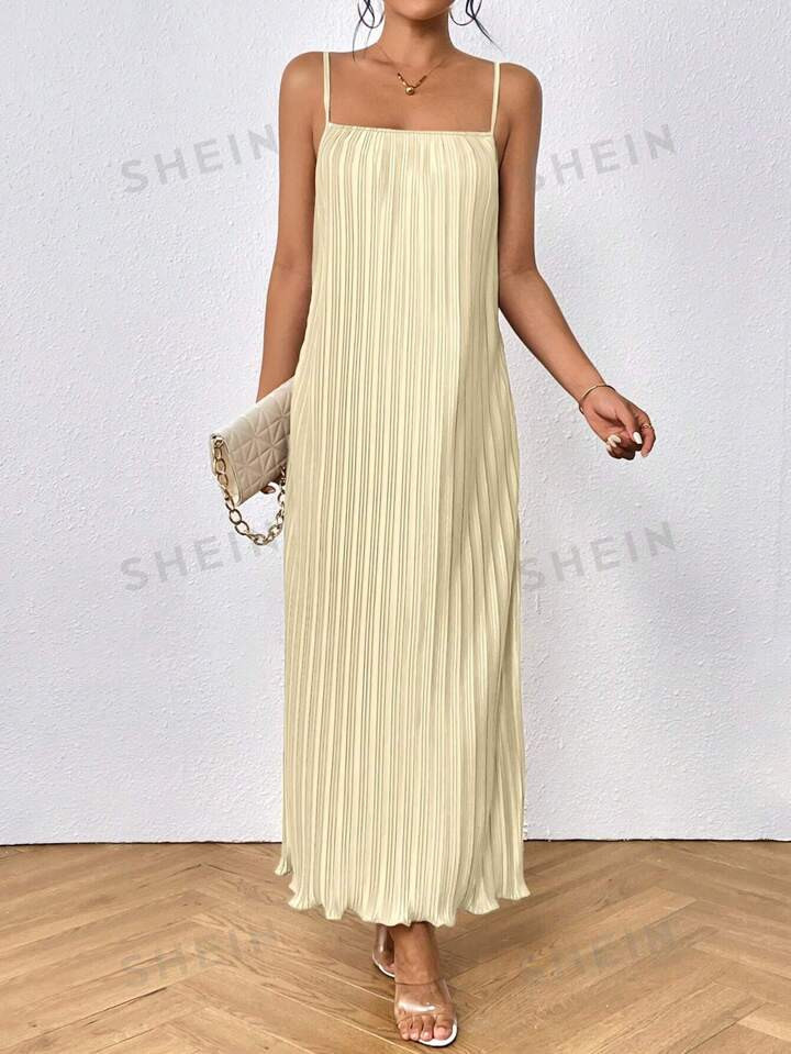 SHEIN Privé Solid Color Pleated Long Cami Dress | SHEIN