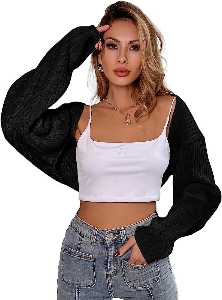 SheIn Women's Long Sleeve Open Front Crop Cardigan Drop Shoulder Shrug Ribbed Knit Bolero Sweater | Amazon (US)