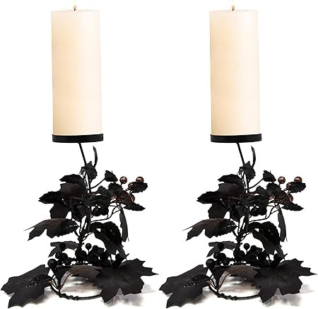 Halloween Table Centerpieces Candle Holder Set of 2 Holiday Black Metal Pillar Candles Berry Twig... | Amazon (US)