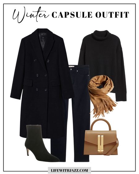 Black and camel capsule outfit 

Long winter coat 
Mockneck sweater 
Camel scarf 
Camel tote 
Heeled boots

Workwear / capsule wardrobe / minimalist style 

#LTKtravel #LTKunder100 #LTKworkwear