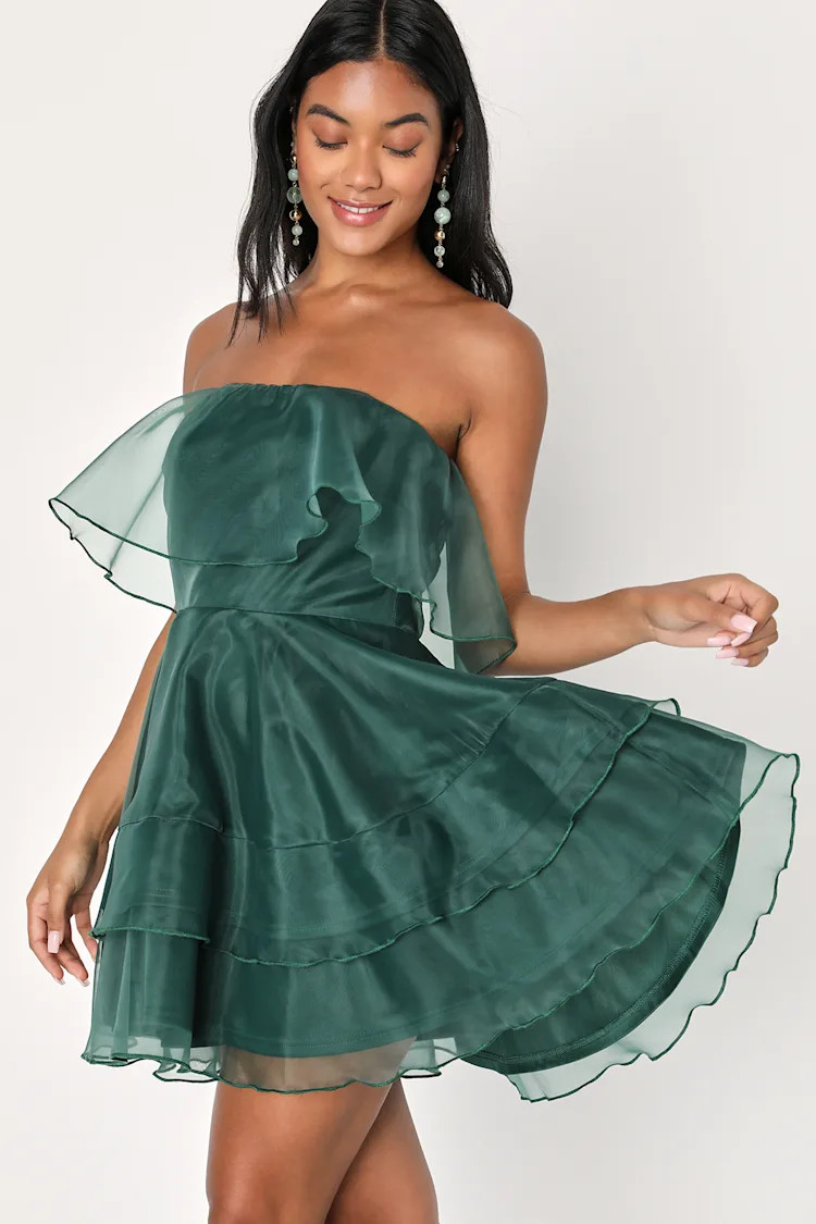 Adored Darling Emerald Organza Ruffled Strapless Mini Dress | Lulus
