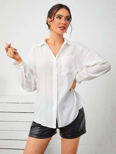 SHEIN Solid Single Breasted Placket Blouse | SHEIN