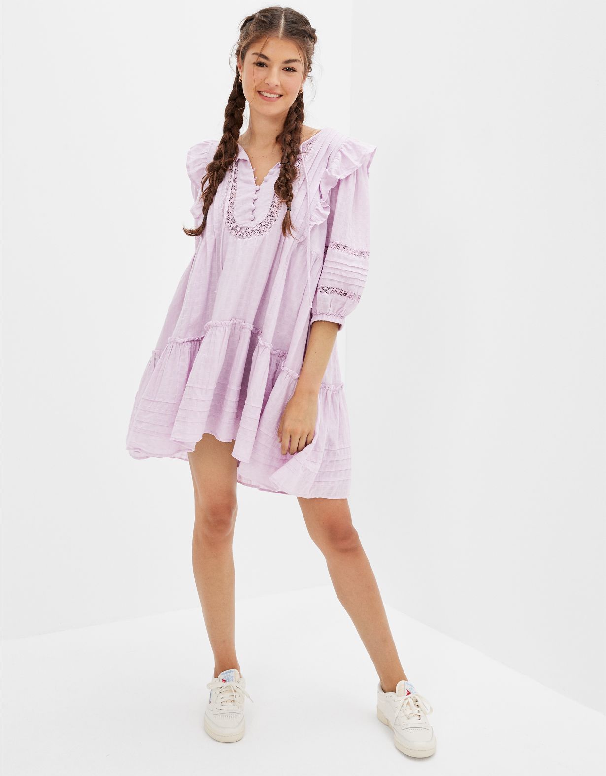 AE Pintuck Ruffle Babydoll Mini Dress | American Eagle Outfitters (US & CA)