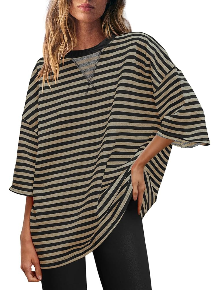 Panadila Womens Striped Short Sleeve Tunic Tops Oversized Crewneck T Shirt Casual Loose Fit Color... | Amazon (US)