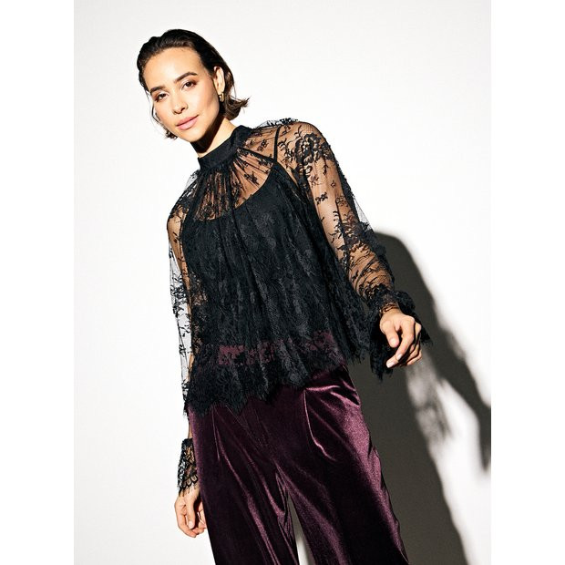 Black Lace Flute Sleeve High Neck Blouse 6 | Tu Clothing