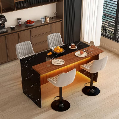 Modern Black Kitchen Island Dining Table with LED Lights and 4 Gray Bar Stools, Faux Marble Counter Height Set for Eat-in Kitchen-3irtyhousy | Target