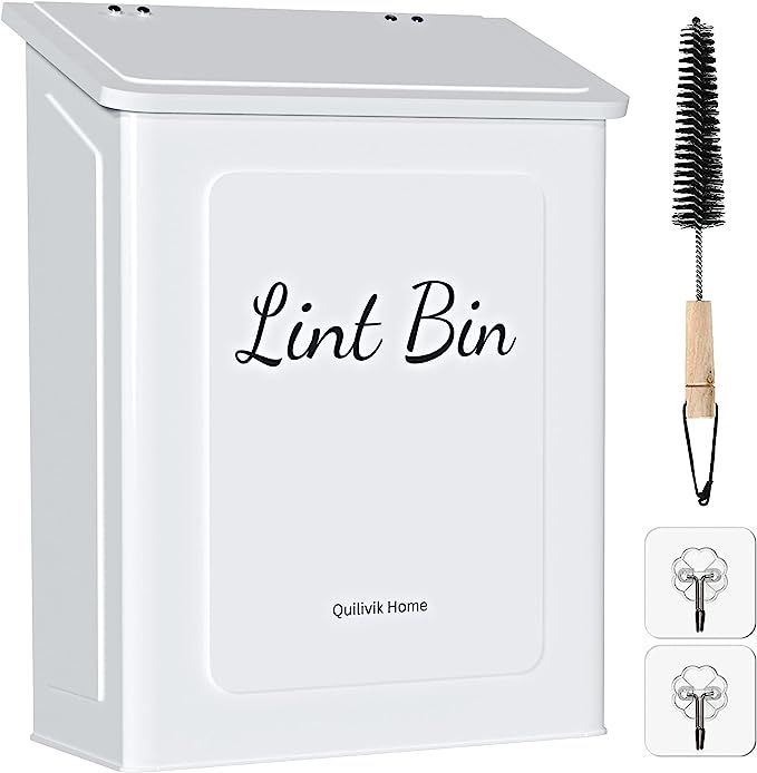 QUILIVIK Metal Magnetic Lint Bin for Laundry Room Decor with Long Brush & Hooks - Wall Mount Lint... | Amazon (US)