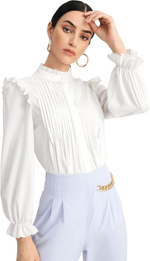 WDIRARA Women's Pleated Ruffle Trim Flounce Long Sleeve Mock Neck Blouse Top | Amazon (US)