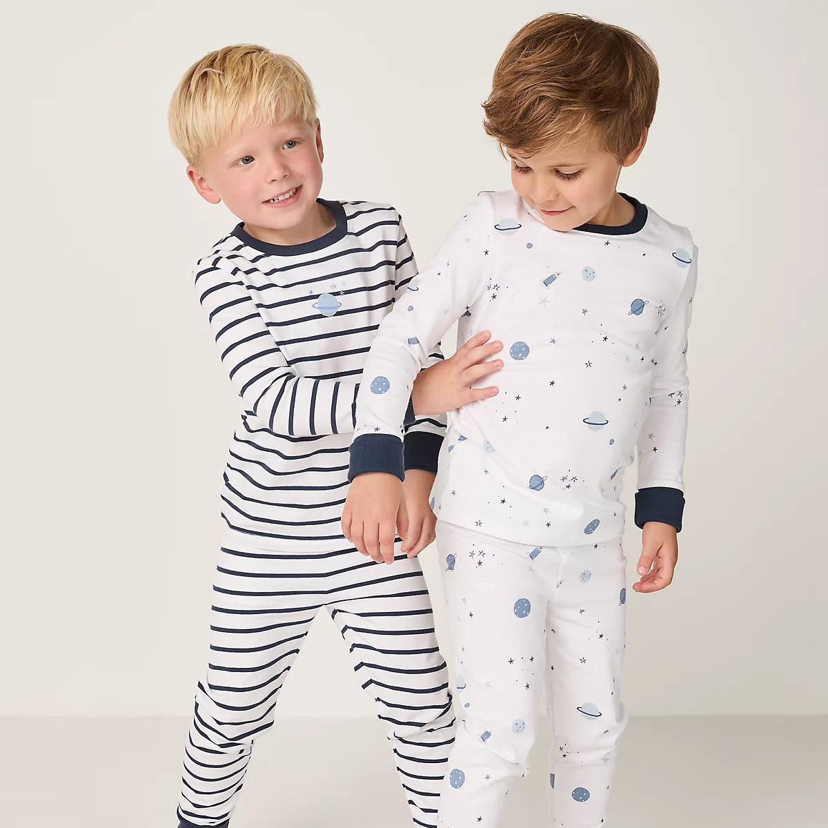 The White Company Organic Cotton Slim Fit Space & Stripe Pyjamas - Set of 2 (2-12yrs), Blue, Size: 4-5Y | The White Company UK & ROW