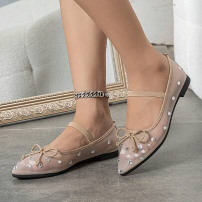 Women's Pointed Toe Rhinestone Breathable Mesh Flat Shoes, Rhinestone Flat Shoes, Apricot Pointed Toe Flat Shoes, Apricot Mesh Fishnet Material, Light | SHEIN