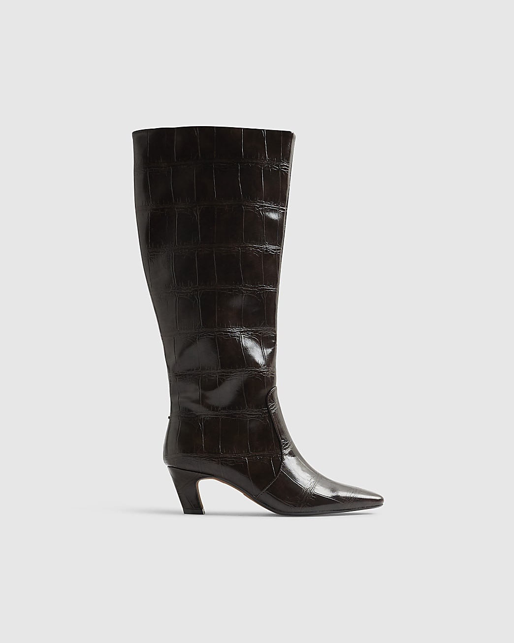Brown Croc Print Knee High Heeled Boots | River Island UK & IE