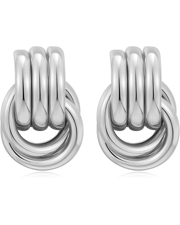 Chunky Gold/Silver Earrings Large Knot Earrings Love Knot Stud Earrings Geometric Dangle Drop Ear... | Amazon (US)