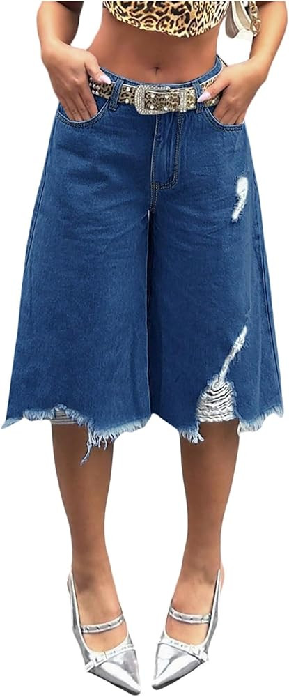 MakeMeChic Women's Fall Y2K Denim Bermuda Shorts Ripped Wide Leg Cropped Jeans Capris Pants | Amazon (US)