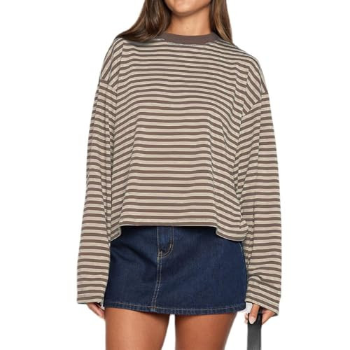 Oversized Striped Long Sleeve Shirt for Women Teens Y2k Color Block Crewneck Loose Tee Shirt Drop Shoulder Tunic Top Streetwear | Amazon (US)