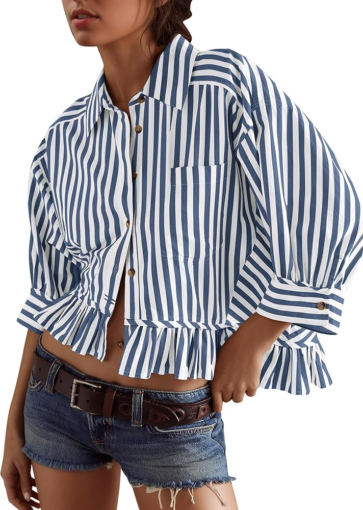Womens 3/4 Length Sleeve Striped Button Down Shirt Loose Fit Drop Shoulder Trendy Ruffle Hem Stri... | Amazon (US)