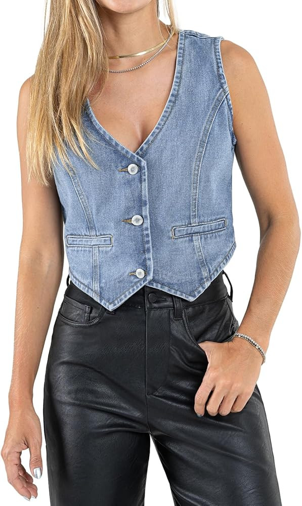 Imily Bela Womens Denim Vest Sleeveless V Neck Button Down Jean Waistcoat Jacket Y2K Summer Crop ... | Amazon (US)
