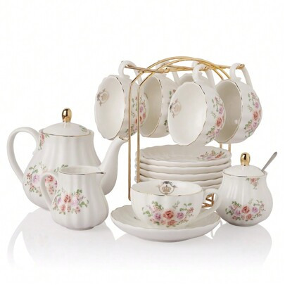 Porcelain Tea Sets British Royal Series, 8 OZ Cups& Saucer Service For 6, With Teapot Sugar Bowl Cream Pitcher Teaspoons And Tea Strainer For Tea/Coff | SHEIN