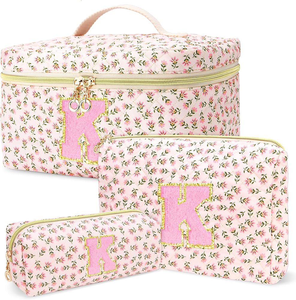 3 PCS Travel Makeup Bag Set,A-Z Initials Cotton Make up Bag Floral Quilted Cosmetic Bag for Girls... | Amazon (US)