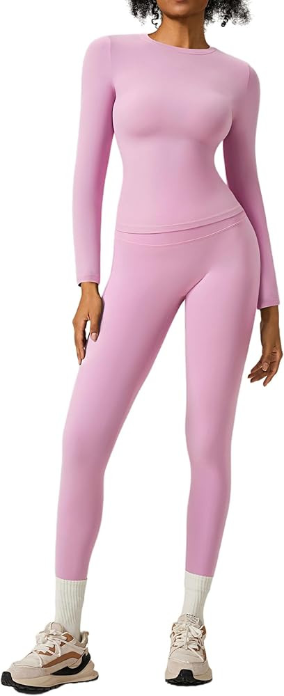 RXRXCOCO Slim Fit Workout Sets for Women 2 Piece Hidden Scrunch Leggings Long Sleeve Yoga Tops Ma... | Amazon (US)