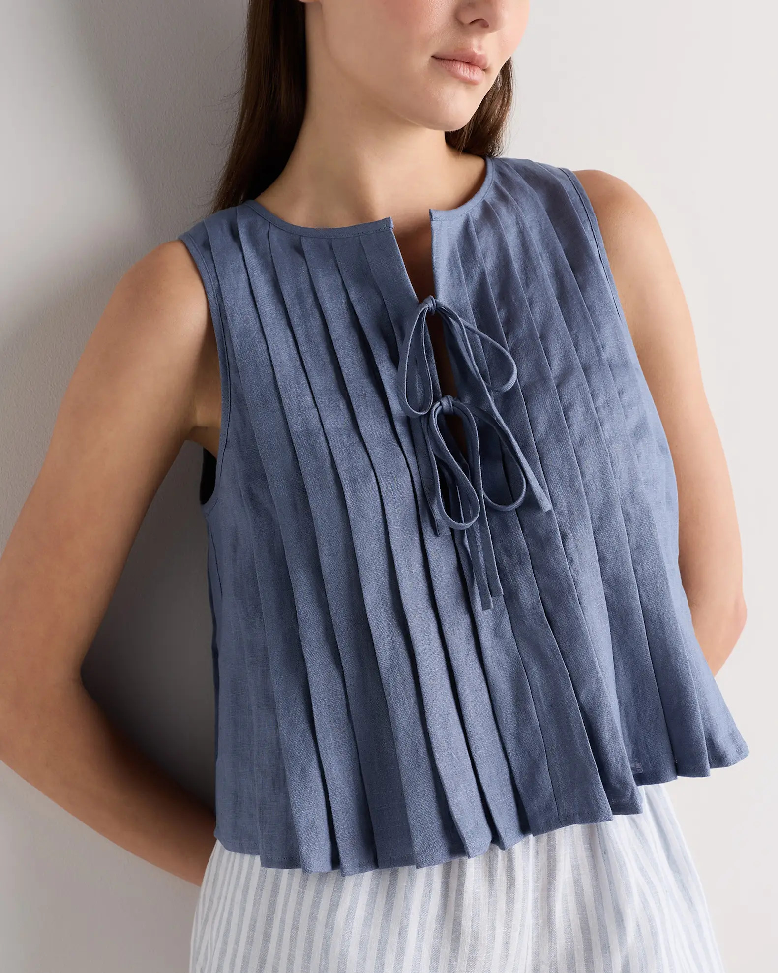 100% European Linen Pleated Tank in Moonstone Blue | Quince