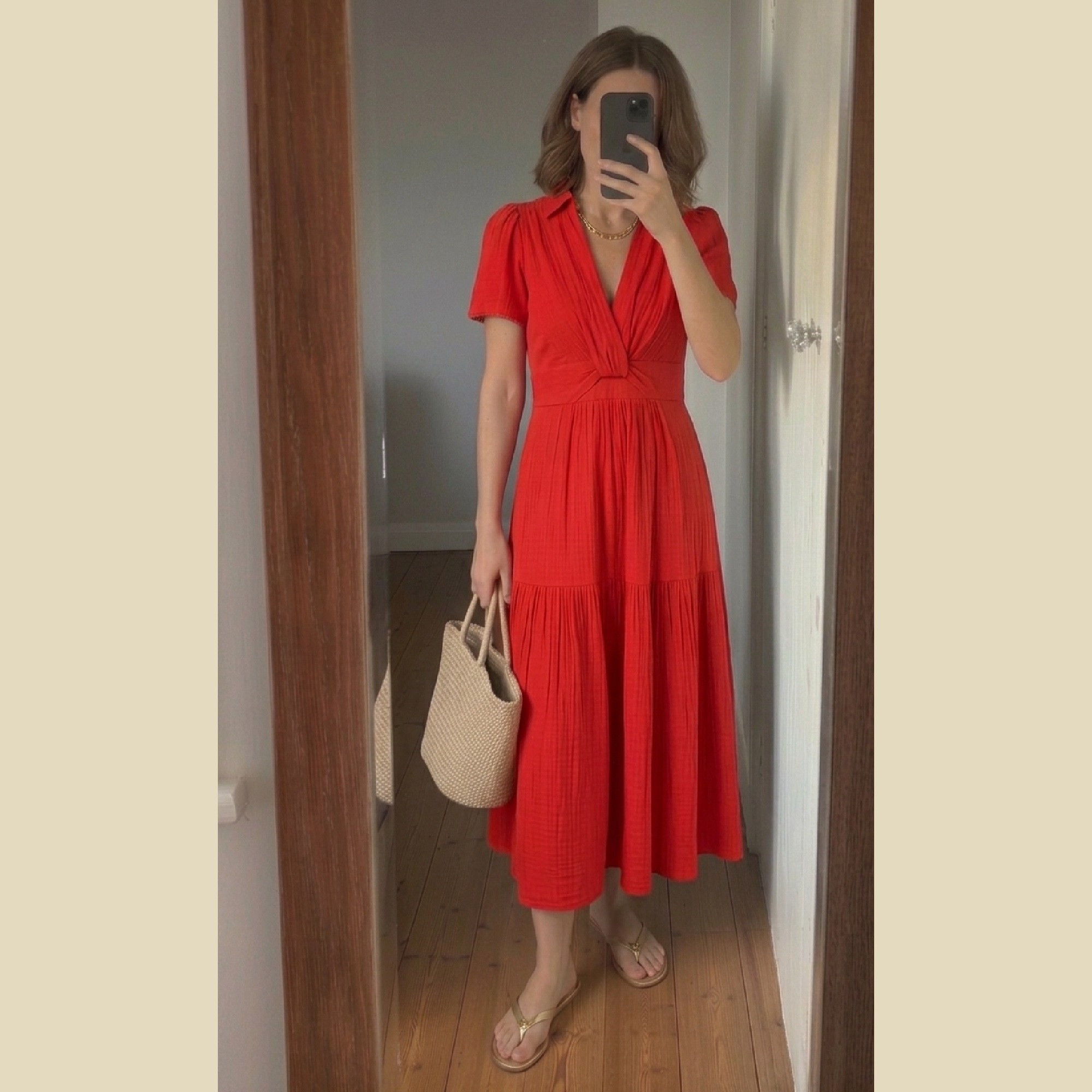 A flattering dress with sleeves, a v-neck, collar and a terrific length. The flip flops are from Ralph Lauren

#LTKsummer #LTKover50style