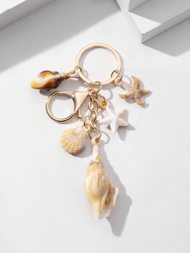 1pc Unisex Natural Bicolor Seashell Keychain With Cloud, Whelk, Starfish Pendant, Summer Beach Series, Ideal Gift For Friends | SHEIN
