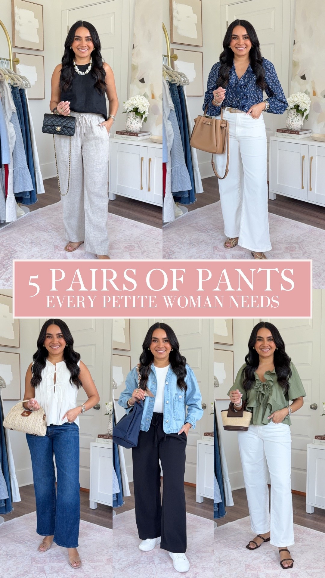 5 pairs of pants for petites!
For reference: I’m 5’0, petite, 32b bra size, and 2/26 in bottoms, pear shaped. 
*Everything I share is unaltered! TTS means true to size. Between size 5-6.5 in shoes
*Inseams mary vary based on size!

Black linen tank size xs TTS
Tan flax color linen pants size xs short TTS
Clear sandals size 5.5 TTS

Blue floral top size xxs TTS
Ivory ecru color jeans size 26 petite TTS
Gold sandals size 5.5 TTS

White top size xs TTS
Blue denim jeans size 27 petite - I sized up one size in these jeans
Clear heels size 5 TTS
Black boots size 5.5 TTS
Red flats size 5 TTS

Denim jacket size xs petite TTS
White tank size xs TTS
Black pants size xs petite TTS
Sneakers size 6.5 TTS

Green ruffle top size xs petite TTS
White jeans size 2 petite TTS
Brown sandals size 6 - fits like a 5.5 

Petite styling tips

#LTKPetite #LTKgrwm #LTKootd