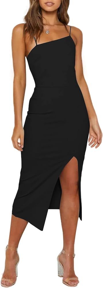 LYANER Women's Spaghetti Straps Split Slit Hem Sleeveless Zipper Bodycon Midi Dress Black Small a... | Amazon (US)